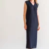 Gauhar - pellavamekko v-kaula-aukolla, navy